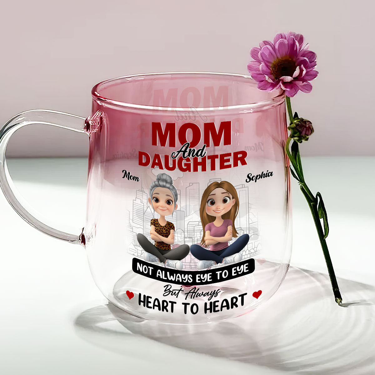 Custom Mother's Day Gift for Daughter • The Bond Of Love Between Mother And Daughter - Personalized Pink Gradient Glass Mug