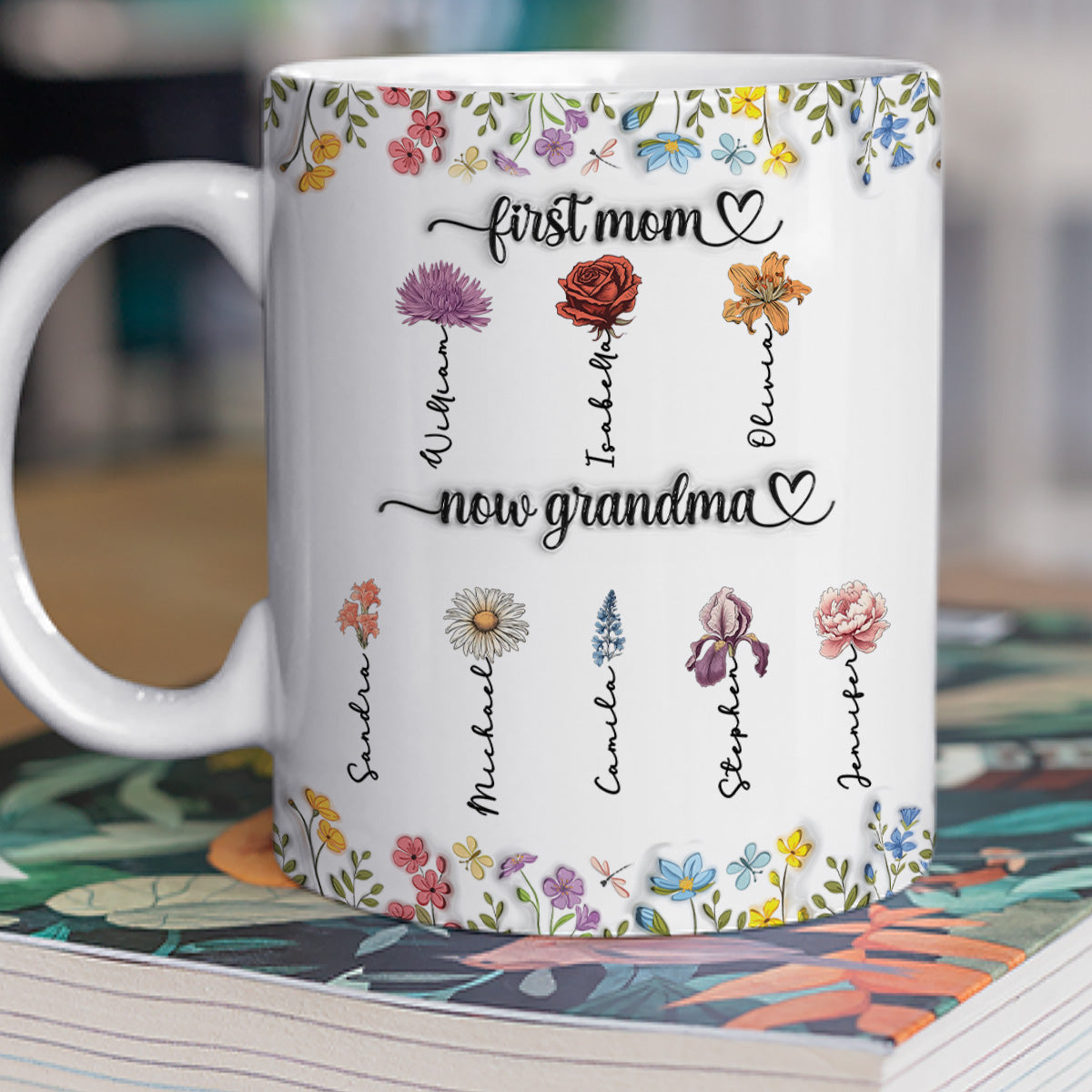Custom Birth Flower, Name For Mom & Grandma • First Mom Now Grandma Birth Flower - Personalized 3D Inflated Effect Mug