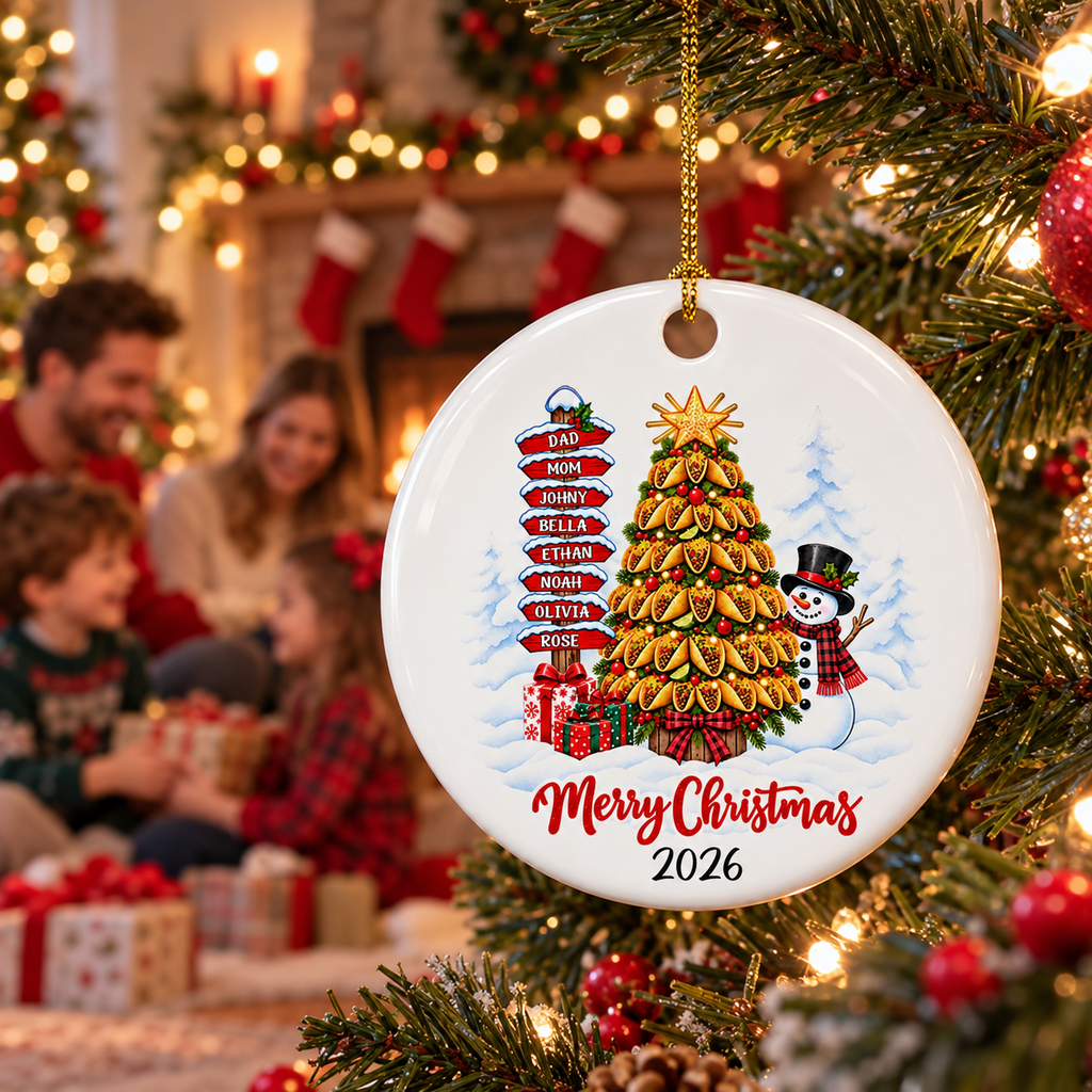 Custom Family Ornament, Christmas Gift for Family Members •  Christmas Tastes Better With Tacos - Personalized Ceramic Ornament