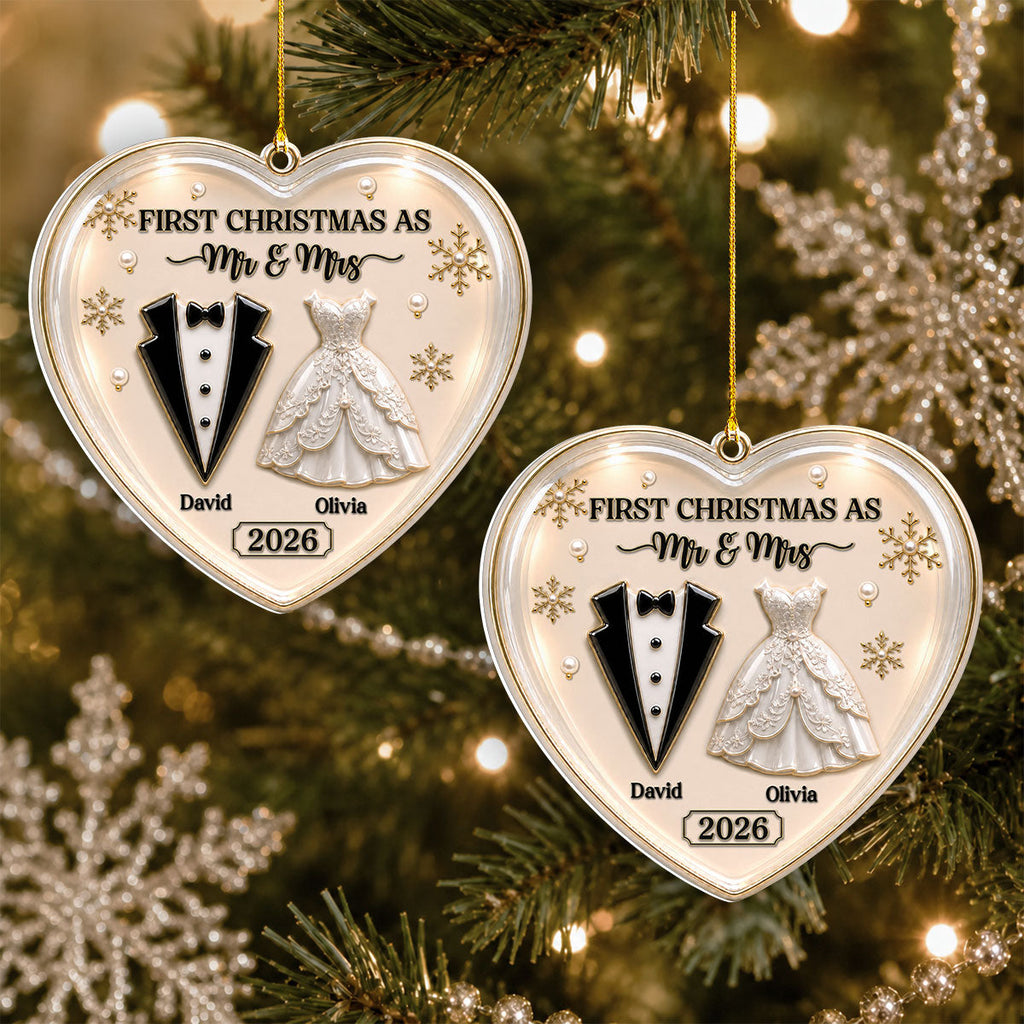 Custom First Christmas Ornament Married, Gift for Newlyweds •  First Year Together - Personalized 3D White Acrylic Ornament