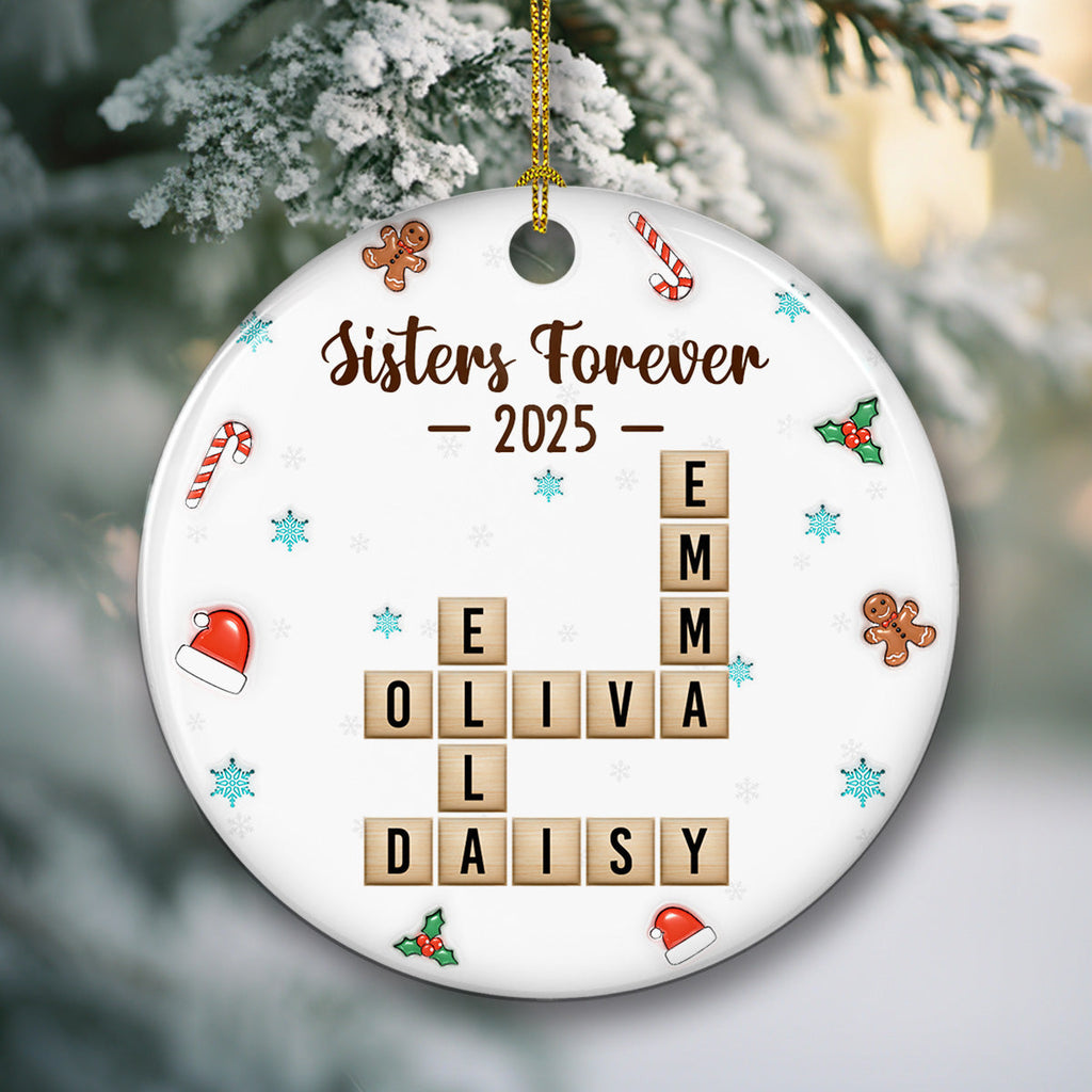 Custom Brothers & Sisters Christmas Ornament •  Siblings Forever Christmas Crossword - Personalized 3D Effect Ceramic Ornament