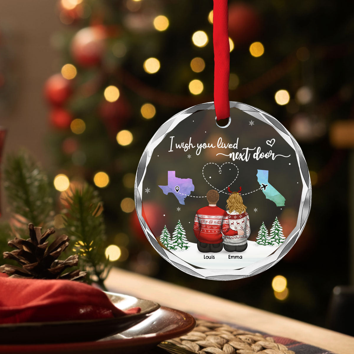 Custom Friendship Christmas Ornament, Best Friend Gift •  No Distance Between Friends - Personalized Glass Ornament
