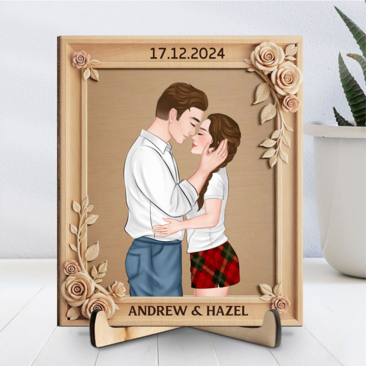 Custom Couple's Decor, Anniversary & Wedding Gift • Romantic Floral With Couple - Personalized Wooden Plaque