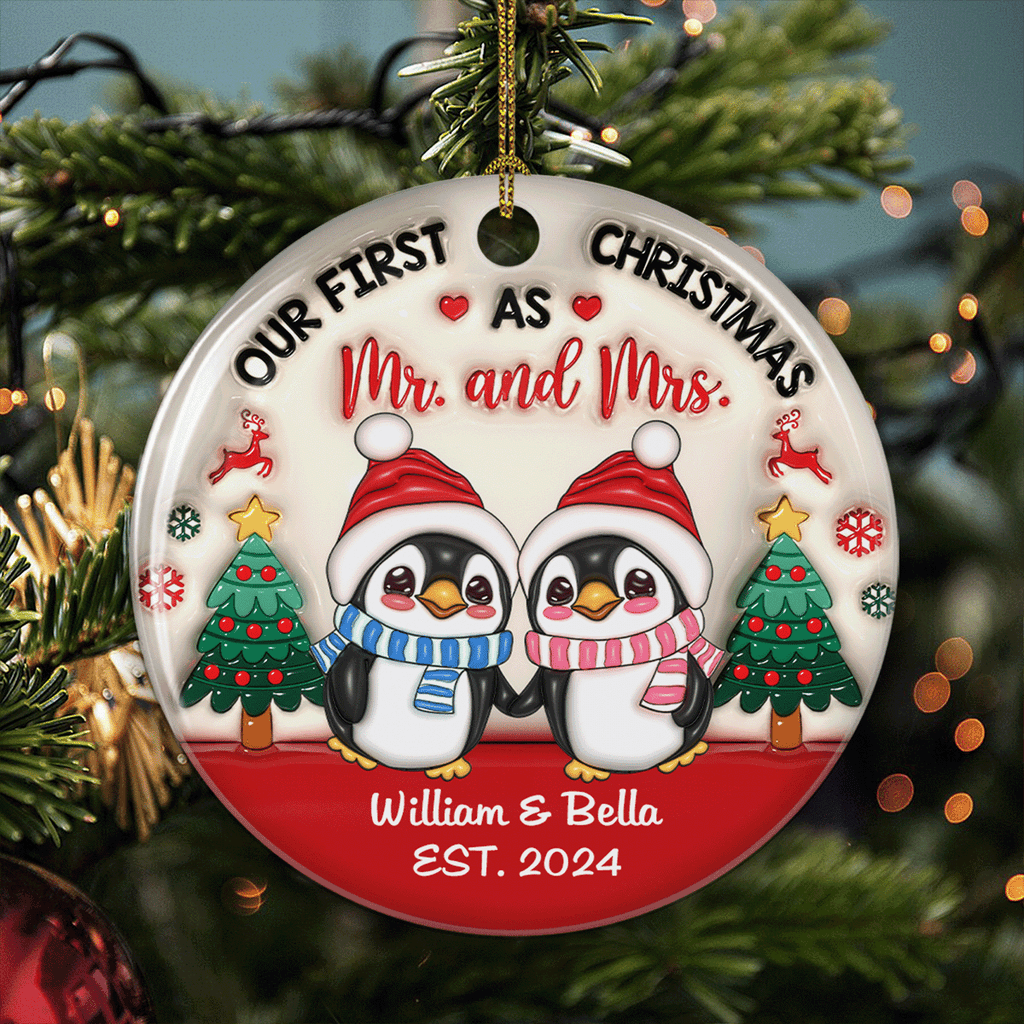 Custom First Christmas Ornament Married, Gift for Newlyweds •  Couple Christmas - Personalized 3D Inflated Effect Ceramic Ornament