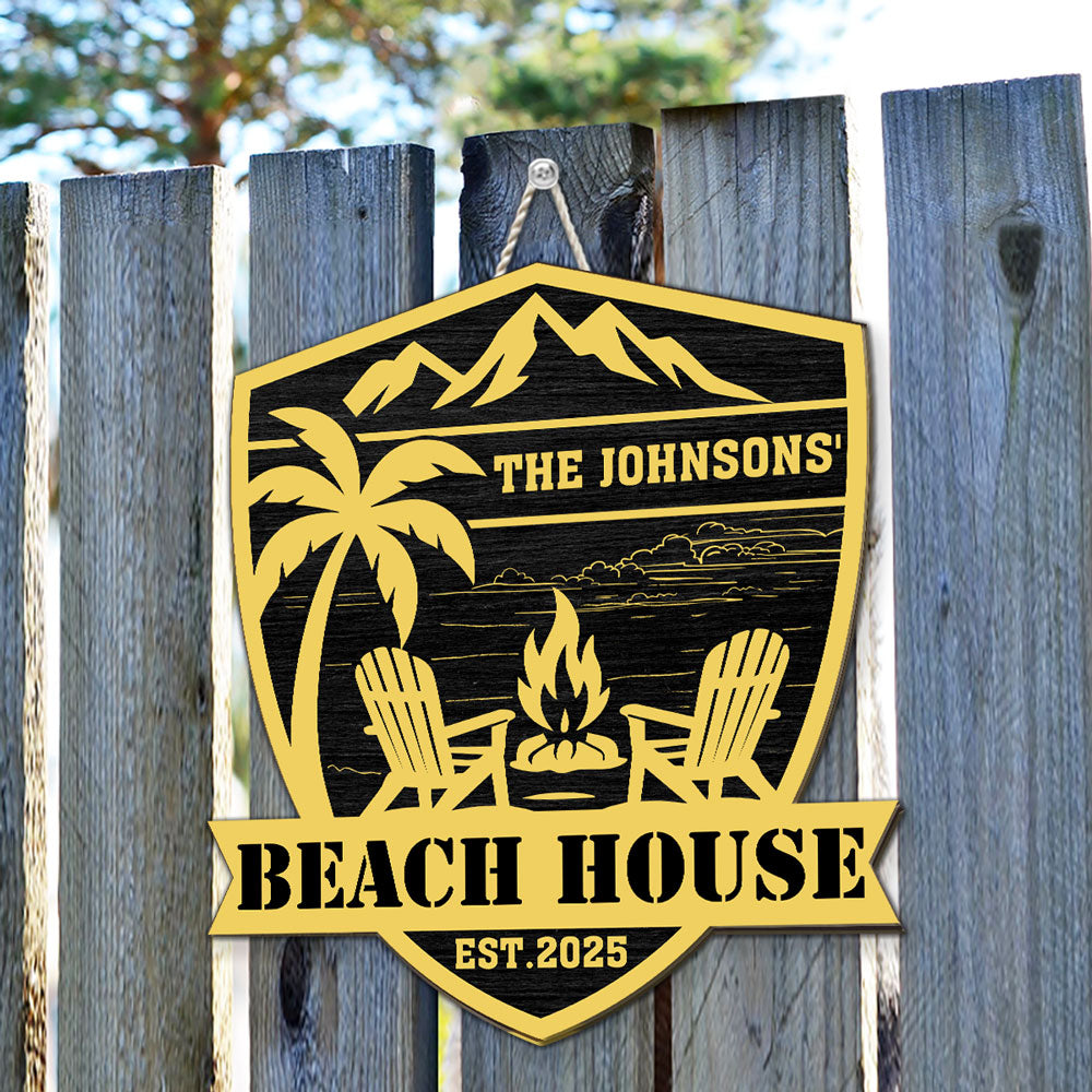 Custom Family Summer Backyard, Patio & Porch Decor • At The Beach House - Personalized Wood Sign