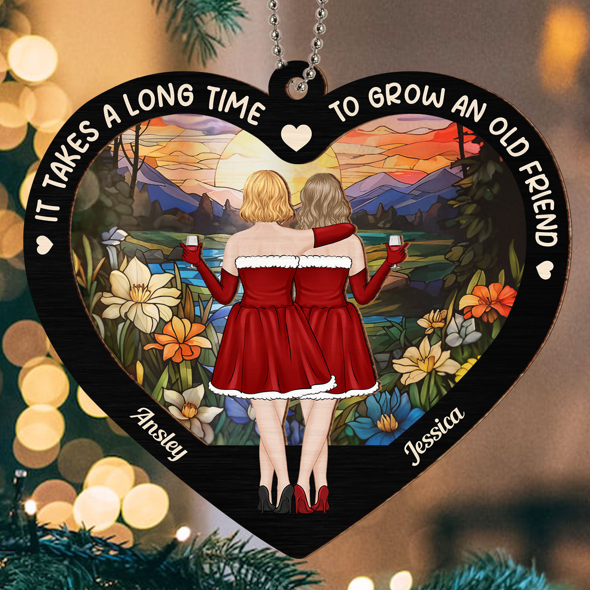 Custom Friendship Christmas Ornament, Best Friend Gift •  Old Friends Take Time To Grow - Personalized Suncatcher Ornament
