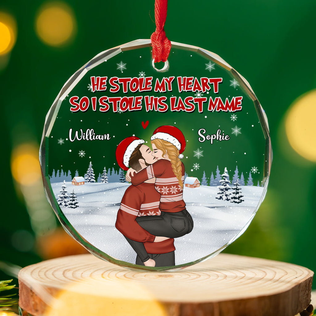 Custom Couple Christmas Ornament, Anniversary Gift •  You Stole My Heart - Personalized Glass Ornament