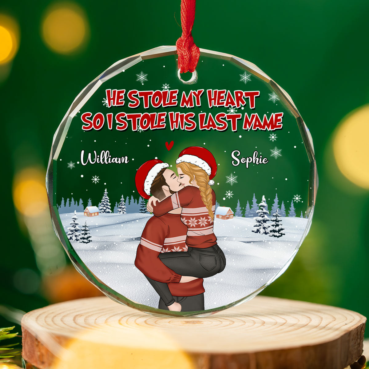 Custom Couple Christmas Ornament, Anniversary Gift •  You Stole My Heart - Personalized Glass Ornament