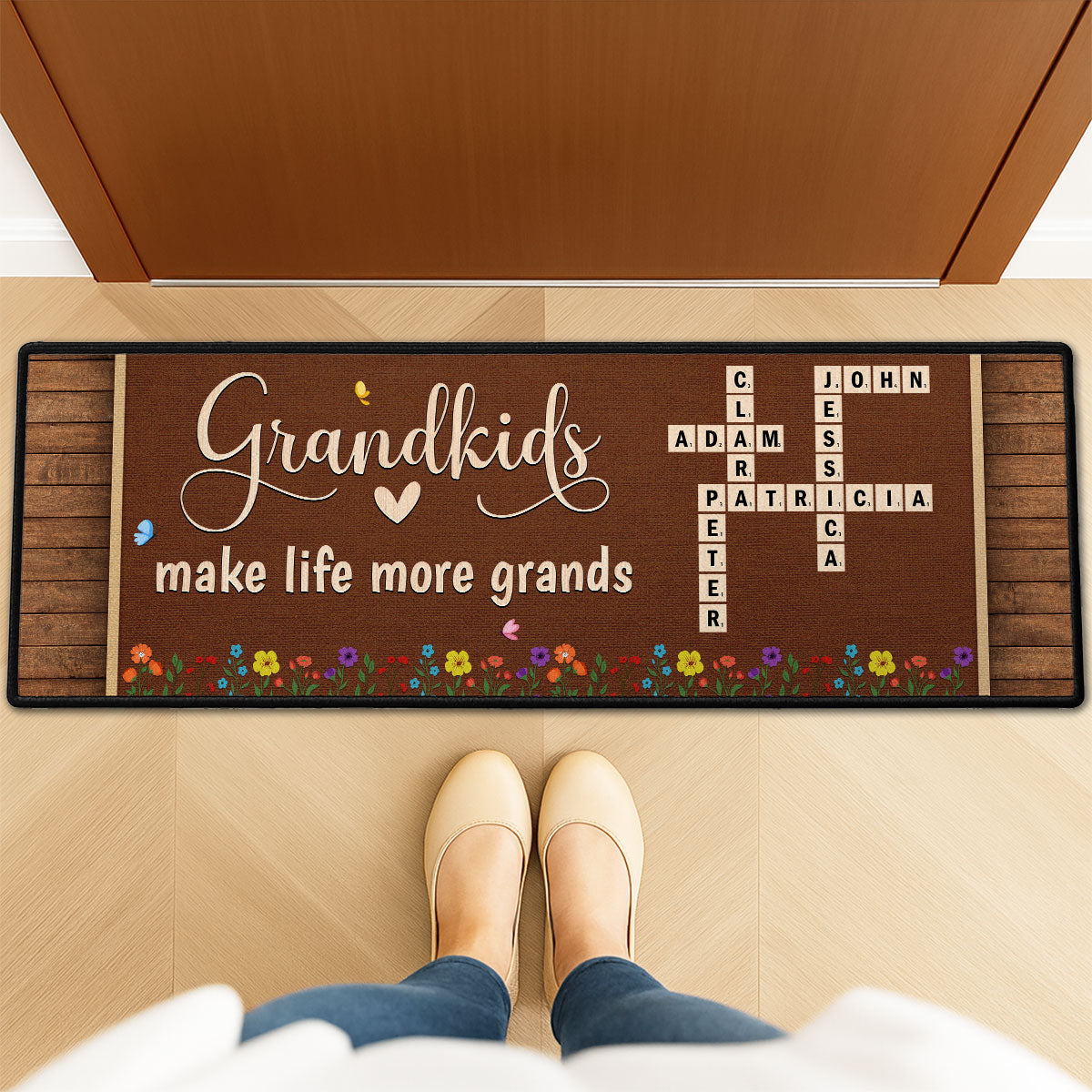 Custom Family Name Rug, Housewarming Birthday Gift For Grandma Grandparents • Love My Grandkids Crossword - Personalized Runner Rug