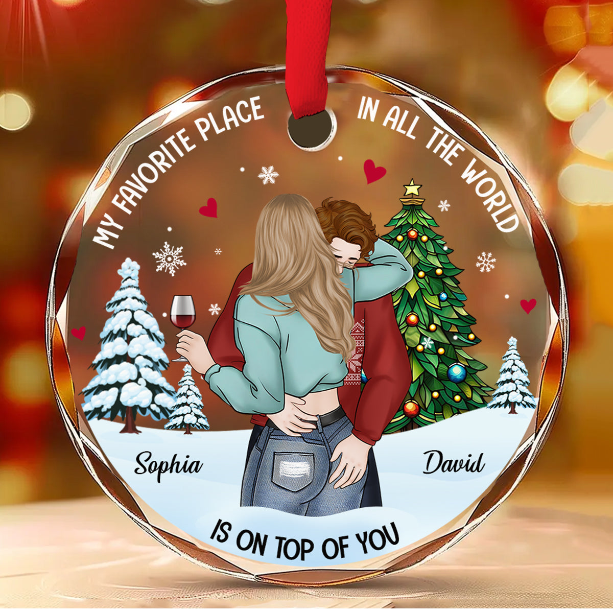 Custom Couple Christmas Ornament, Anniversary Gift •  My Favorite Place - Personalized Glass Ornament