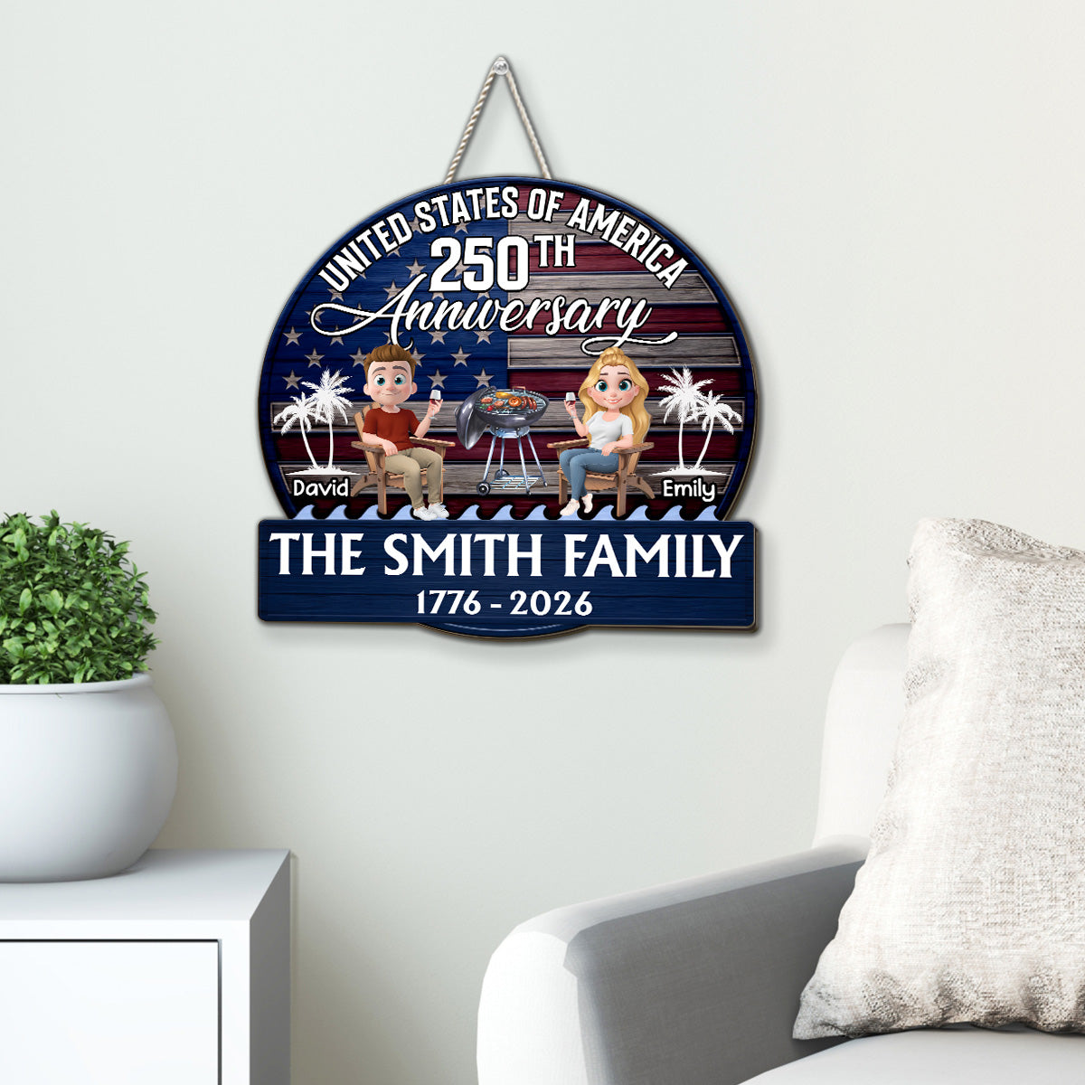 Custom Family Patriotic Hanging Decor, 4th of July • Patriotic Patio Vibes - Personalized Wood Sign