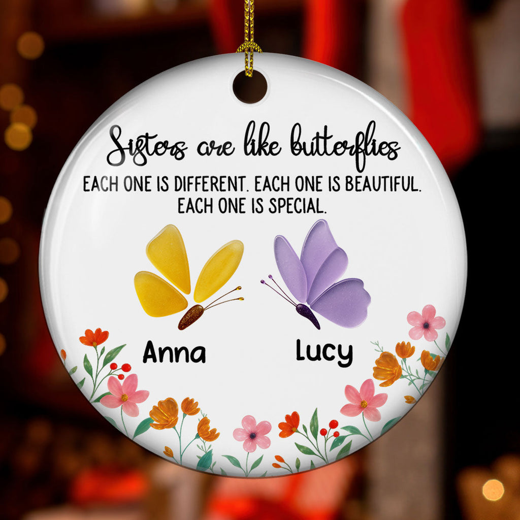 Custom Sister Christmas Ornament •  Twinkling Butterflies - Personalized 3D Effect Heart Ceramic Ornament