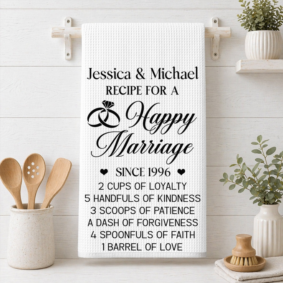 Custom Name Kitchen Towel, Birthday Anniversary Housewarming Gift For Couple • Love Is Our Secret Ingredient - Personalized Kitchen Towel