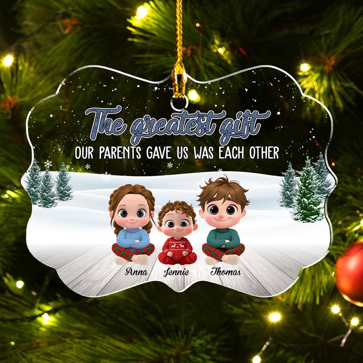 Custom Brothers & Sisters Christmas Ornament •  Our Greatest Gift Cartoon - Personalized Acrylic Ornament