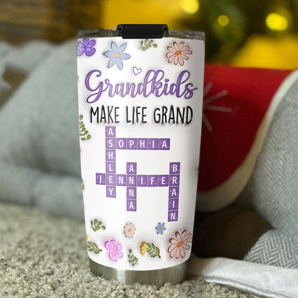 Custom Christmas Birthday Gifts For Grandma • Grandkids Make Life Grand Crossword Puzzle - Personalized 3D Inflated Effect Tumbler