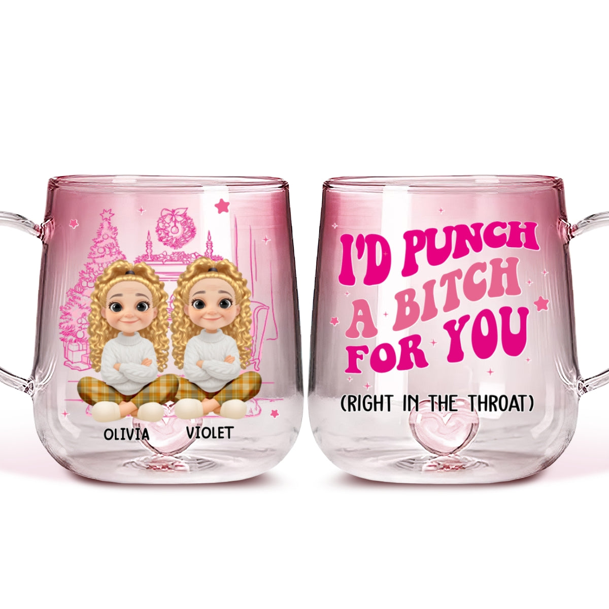 Custom Best Friend, Christmas & Birthday Friendship Keepsake Gift • Besties In Pink - Personalized Pink Gradient Glass Mug