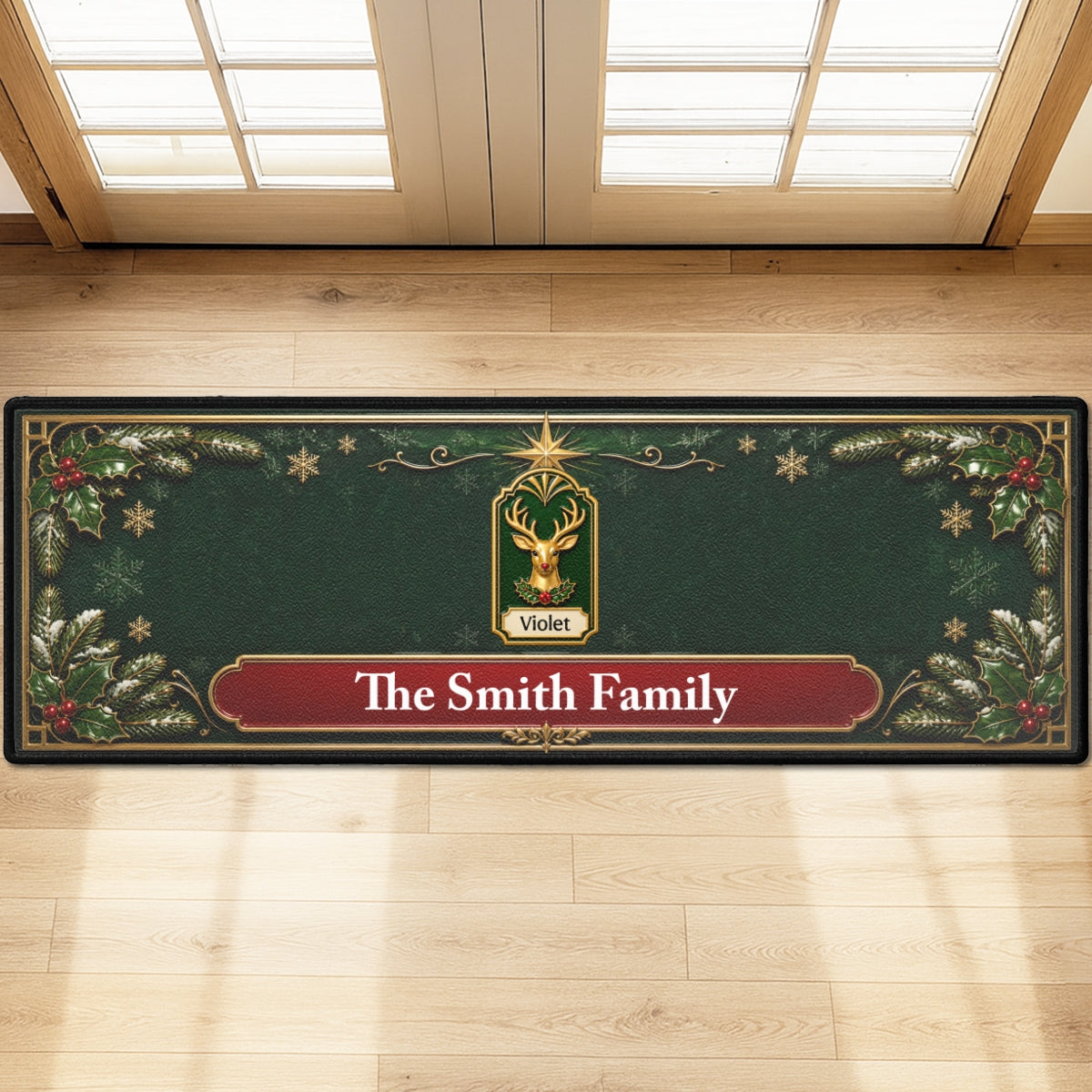 Custom Family Name Christmas Rug, Holiday Gift For Family Members • Jolly Jingle Gift Hat - Personalized Runner Rug