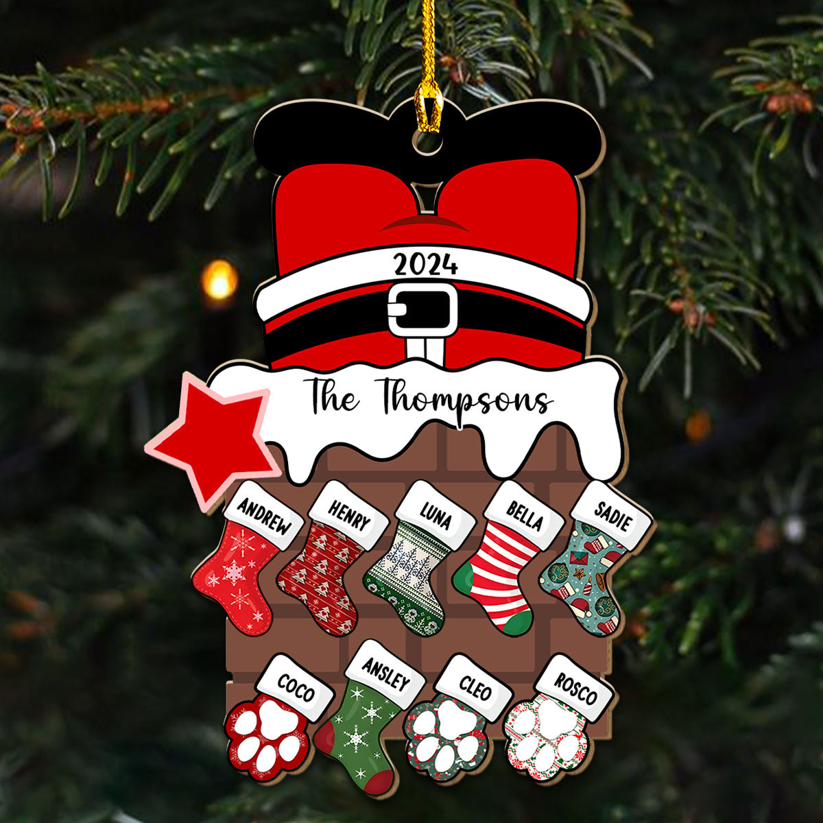 Custom Family Ornament, Christmas Gift for Family Members •  Santa Brings Gift To Us - Personalized Wood Ornament