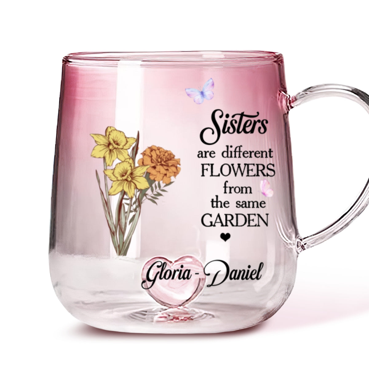 Custom Christmas & Birthday Gift For Sister • Floral Sisters Forever - Personalized Pink Gradient Glass Mug