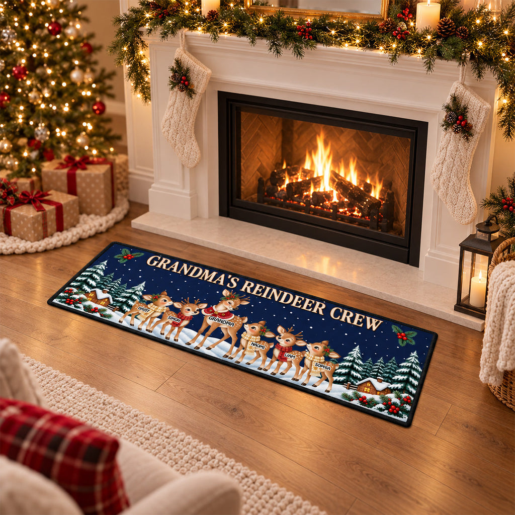 Custom Family Name Rug, Housewarming Birthday Gift For Family Members • Reindeer Winter Love - Personalized Runner Rug