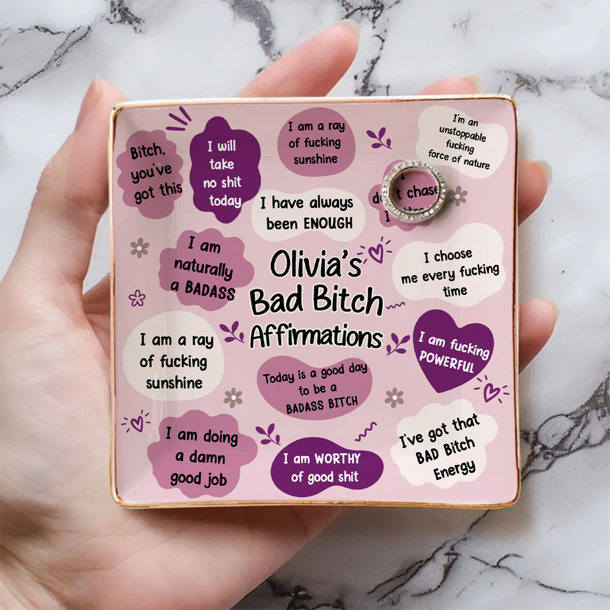Custom Trinket Dish Gift for Friend, for Soul Sister • Daily Badass Affirmations - Personalized Jewelry Dish