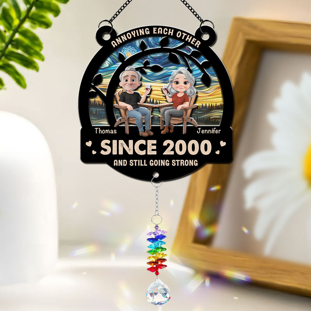 Custom Couple Hanging Decor, Anniversary Valentine's Day Gifts • Annoying Each Other For Years - Personalized Suncatcher With Crystal Rainbow Charm