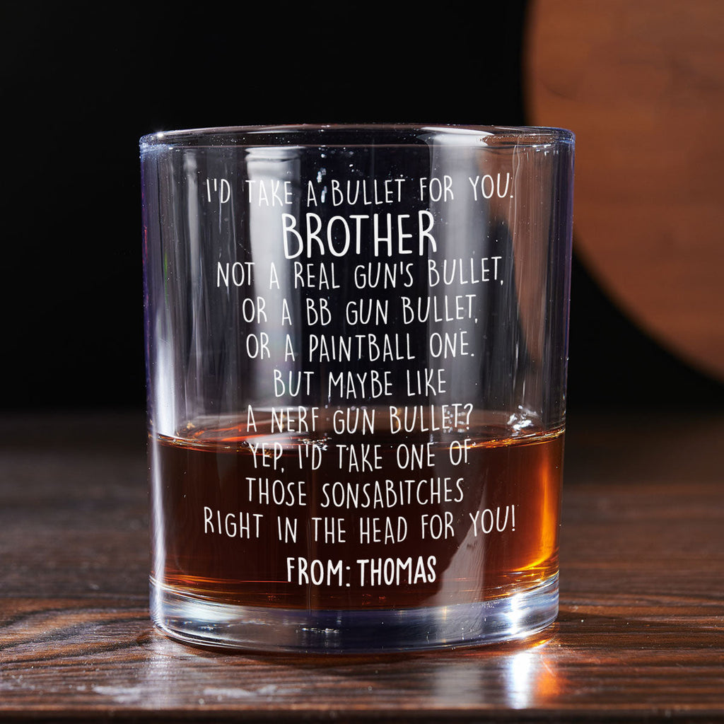 Custom Christmas Birthday Drinkware Gifts for Brother • Right In The Head For You - Personalized Whiskey Glass
