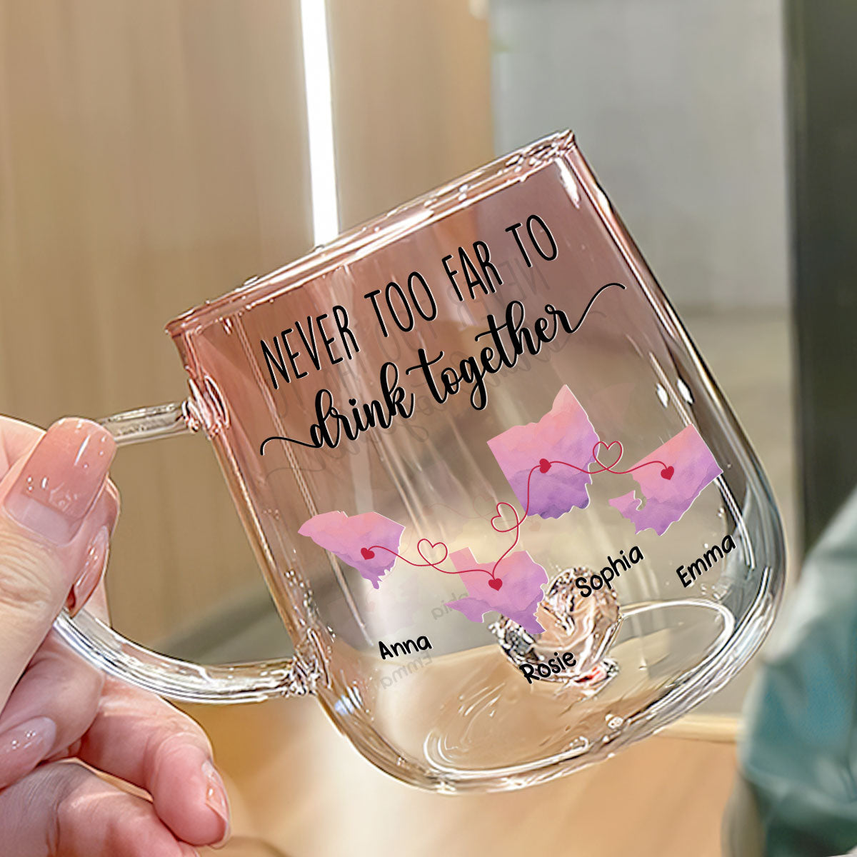Custom Best Friend, Christmas & Birthday Friendship Keepsake Gift • Never Too Far To Cheer With You - Personalized Pink Gradient Glass Mug