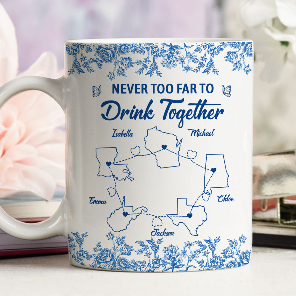 Custom Best Friend, Christmas & Birthday Friendship Keepsake Gift • Never Too Far Toile Version - Personalized Coffee Mug