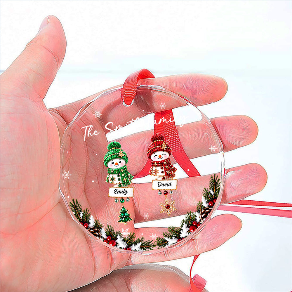 Custom Family Ornament, Christmas Gift for Family Members •  Snowman Family - Personalized Glass Ornament