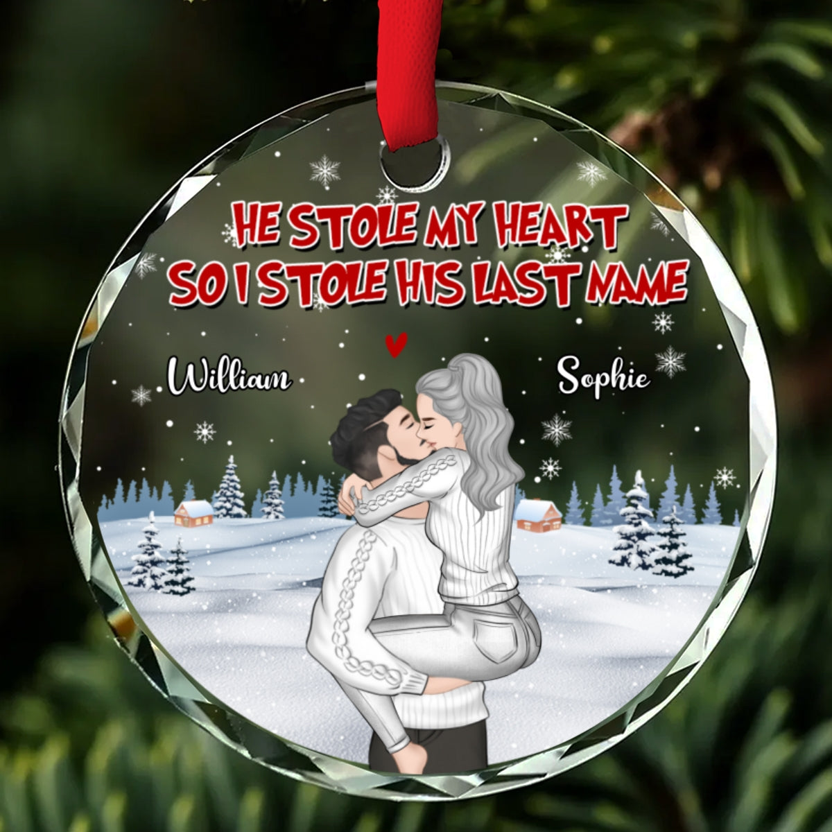 Custom Couple Christmas Ornament, Anniversary Gift •  You Stole My Heart - Personalized Glass Ornament