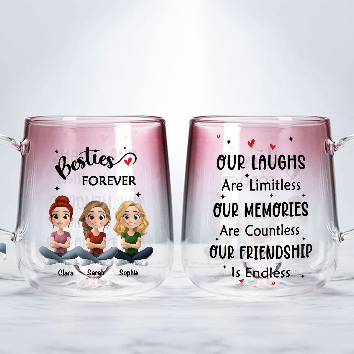 Custom Best Friend, Christmas & Birthday Friendship Keepsake Gift • Limitless Friendship Glow - Personalized Pink Gradient Glass Mug