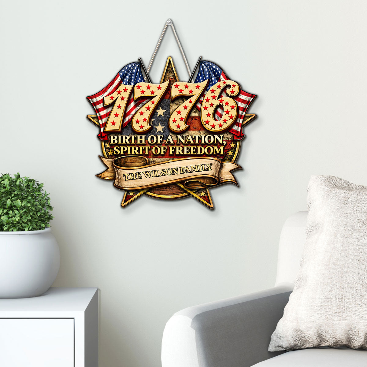 Custom Family Patriotic Hanging Decor, 4th of July • The Birth Of The Nation - Personalized Wood Sign