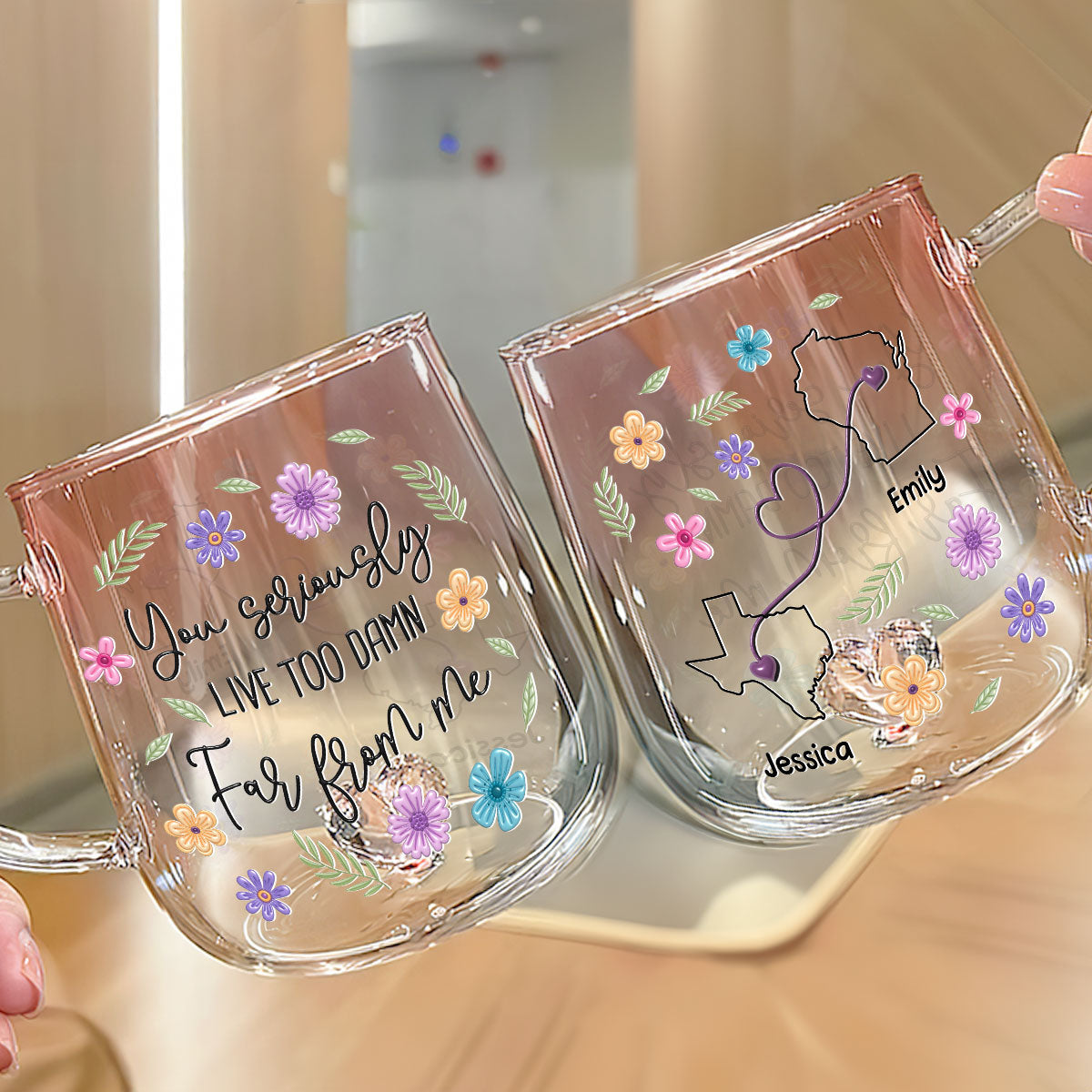 Custom Best Friend, Christmas & Birthday Friendship Keepsake Gift • Wish You Lived Much Closer - Personalized Pink Gradient Glass Mug
