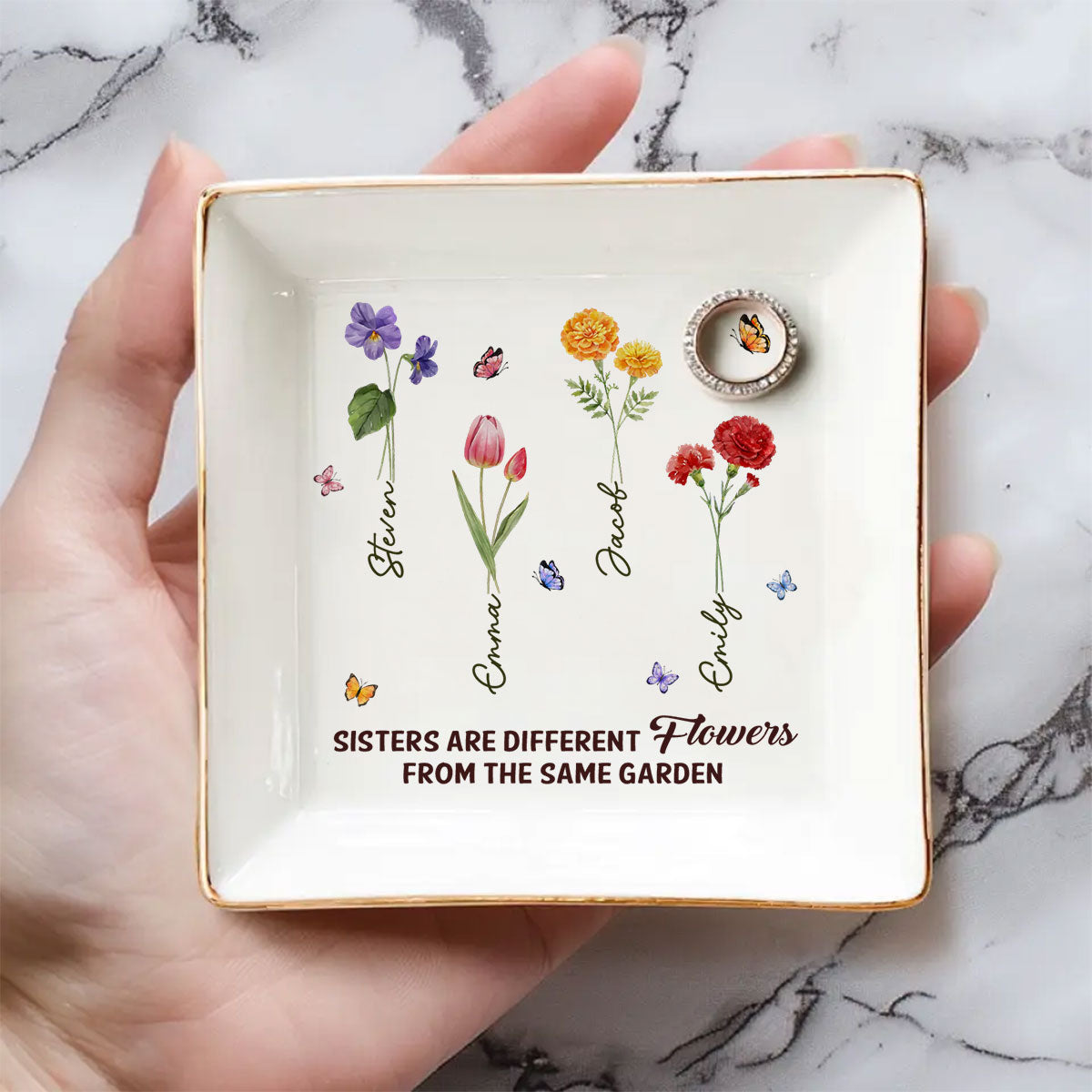 Custom Sister Trinket Dish, Birthday Christmas Gift for Sister • Sisters Are Different Flowers From The Same Garden Ver 2 - Personalized Jewelry Dish