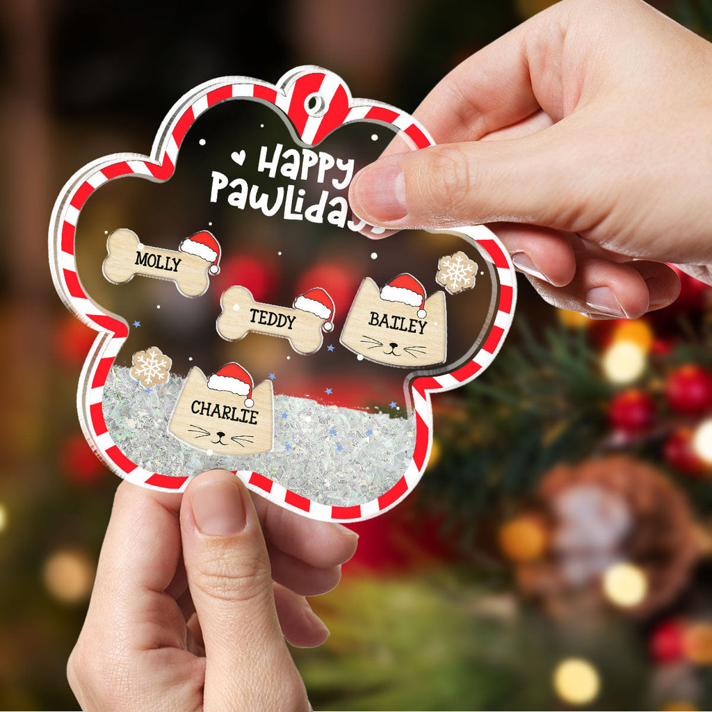 Custom Family Ornament, Christmas Gift for Family Members •  Happy Pawlidays - Personalized Acrylic Shaker Ornament