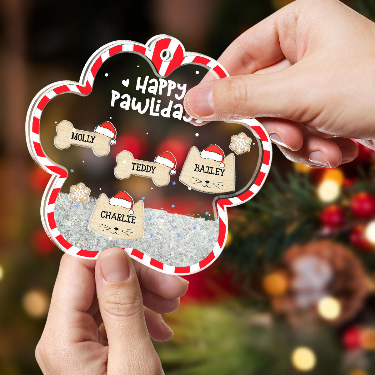 Custom Family Ornament, Christmas Gift for Family Members •  Happy Pawlidays - Personalized Acrylic Shaker Ornament