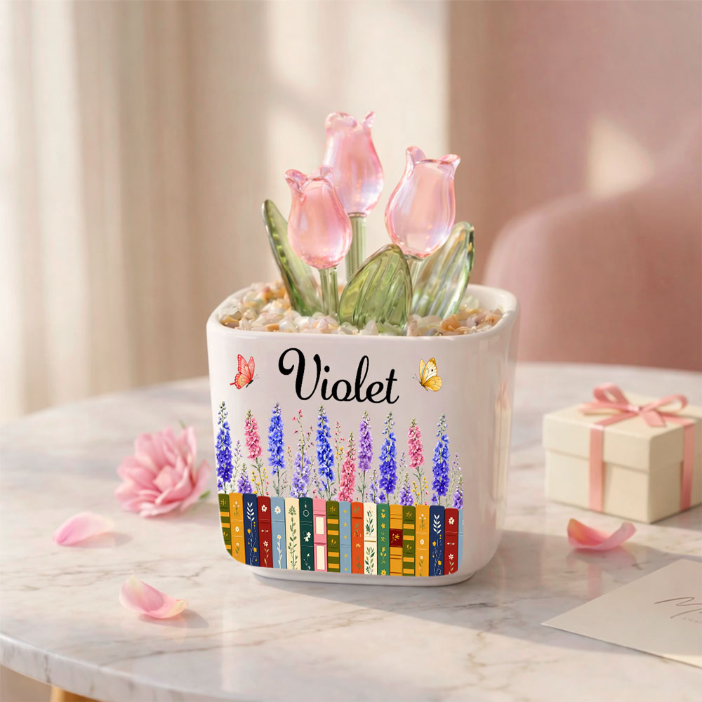 Custom Christmas Birthday Home Decor Gift For Book Lovers, Bookworms • Love Grows Between Pages - Personalized Glass Everlasting Tulips