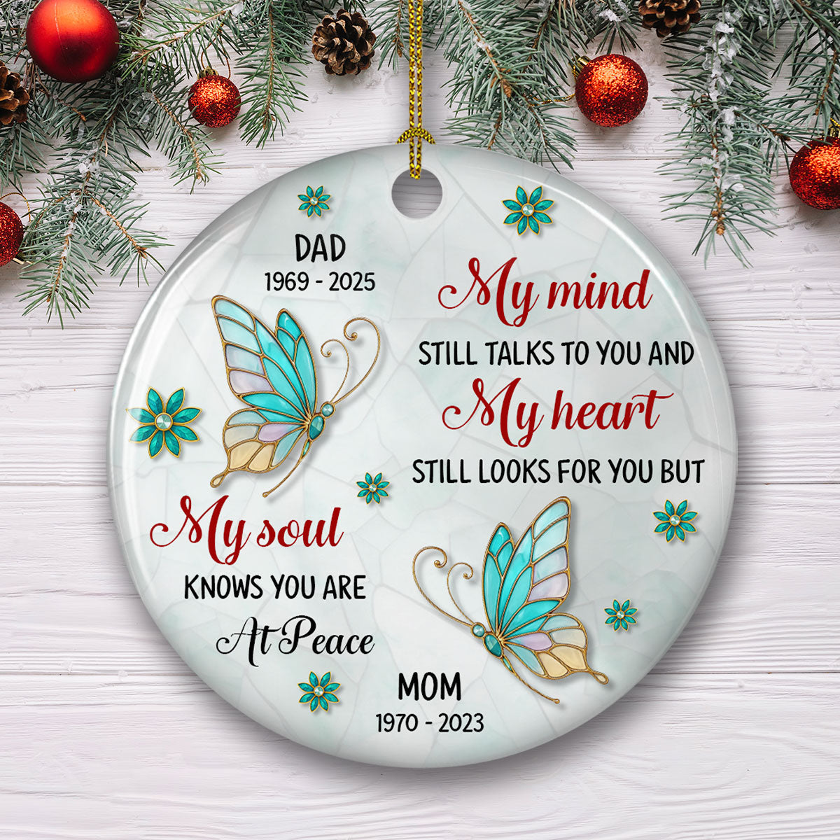 Custom Memorial Christmas Ornament, Sympathy Keepsake •  My Soul Knows You Are At Peace - Personalized 3D Inflated Effect Ceramic Ornament