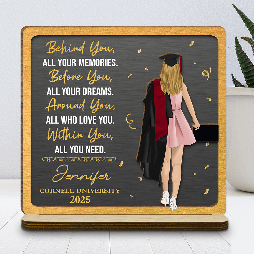 Custom Decor, Christmas Birthday Anniversary Gift Keepsake • Memories Behind Dreams Ahead - Personalized 2-Layer Wood Plaque With Flat Base