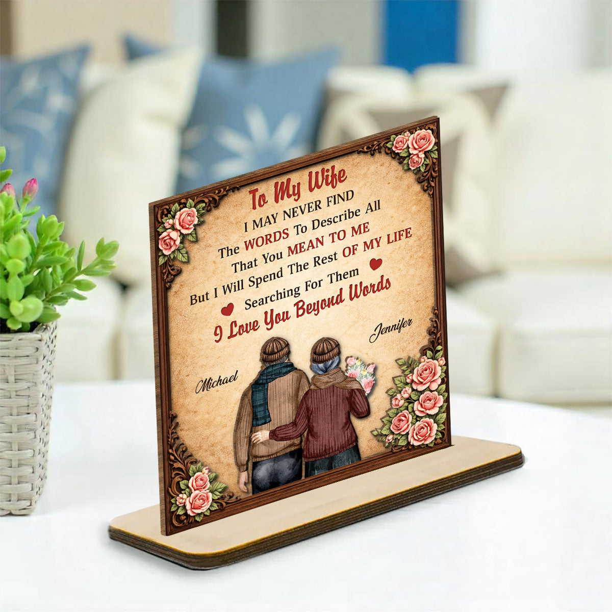 Custom Decor for Wife, Gift for Her • I Love You Beyond Words - Personalized 2-Layer Wood Plaque With Flat Base