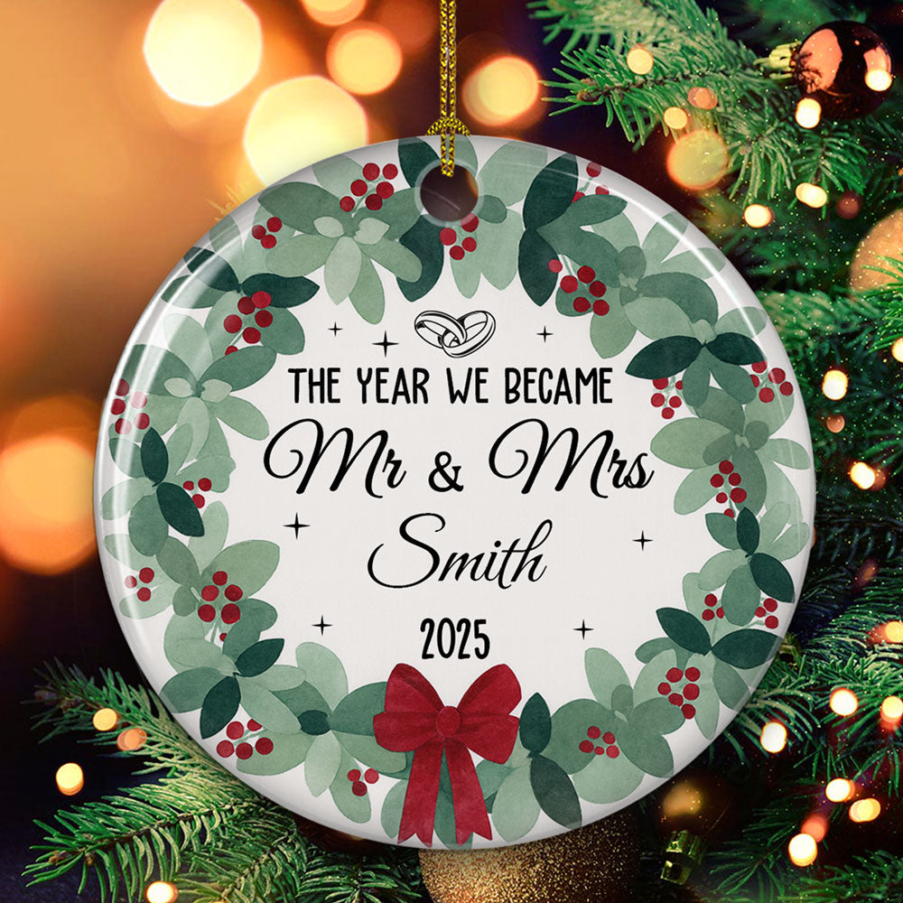 Custom First Christmas Ornament Married, Gift for Newlyweds •  Newlywed Bride Groom - Personalized Ceramic Ornament