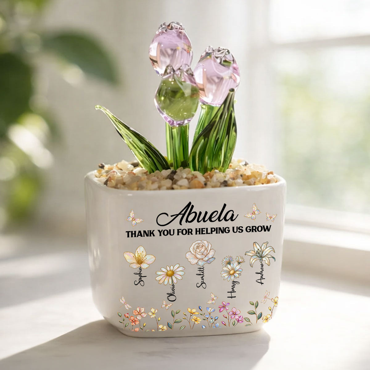 Custom Flower Keepsake, Glass Home Decor Gift for Grandma • Grandma Helping Me Grow - Personalized Glass Everlasting Tulips
