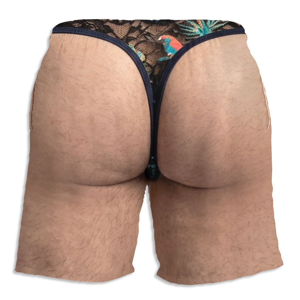 Custom Funny Hairy Man Swim Trunks, Birthday Summer Gift • Tropical Vibes - Personalized Beach Shorts