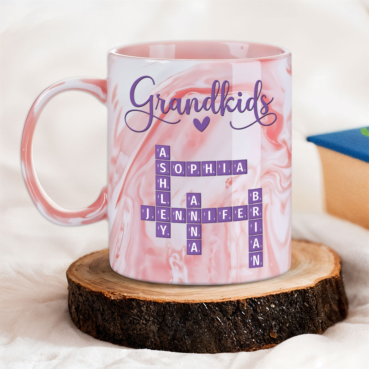 Custom Mother's Day Gift for Mom & Grandma • Love My Grandkids Crossword - Personalized Pink Marble Mug