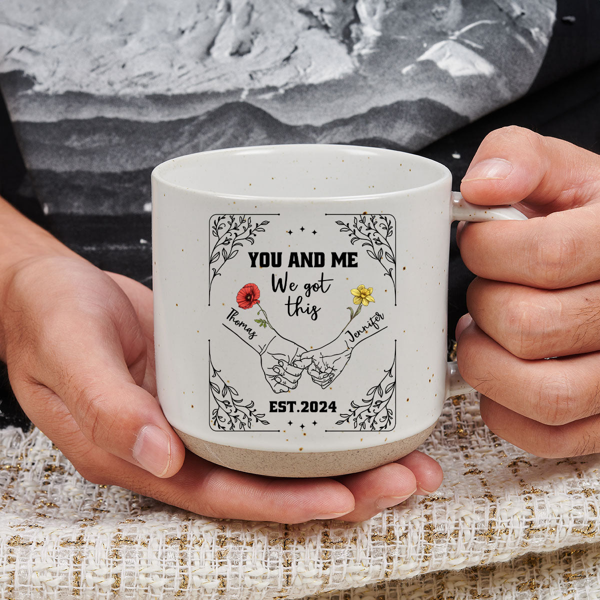 Custom Anniversary Keepsake Gifts For Couple • Birth Flower Hands In Hands - Personalized Pottery Mug