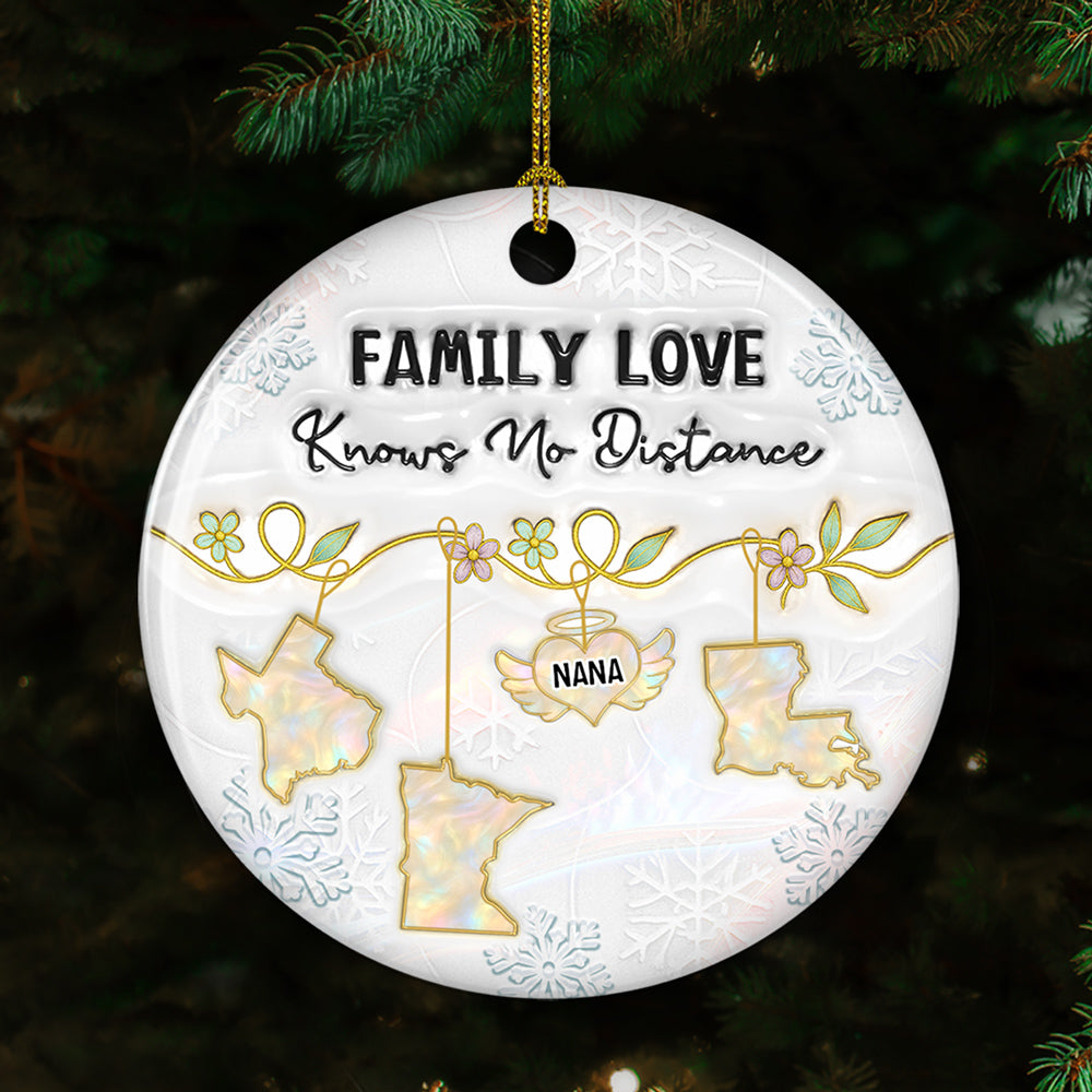 Custom Memorial Christmas Ornament, Sympathy Keepsake •  Family Love Knows No Distance Mother Of Pearl Memorial - Personalized 3D Inflated Effect Ceramic Ornament
