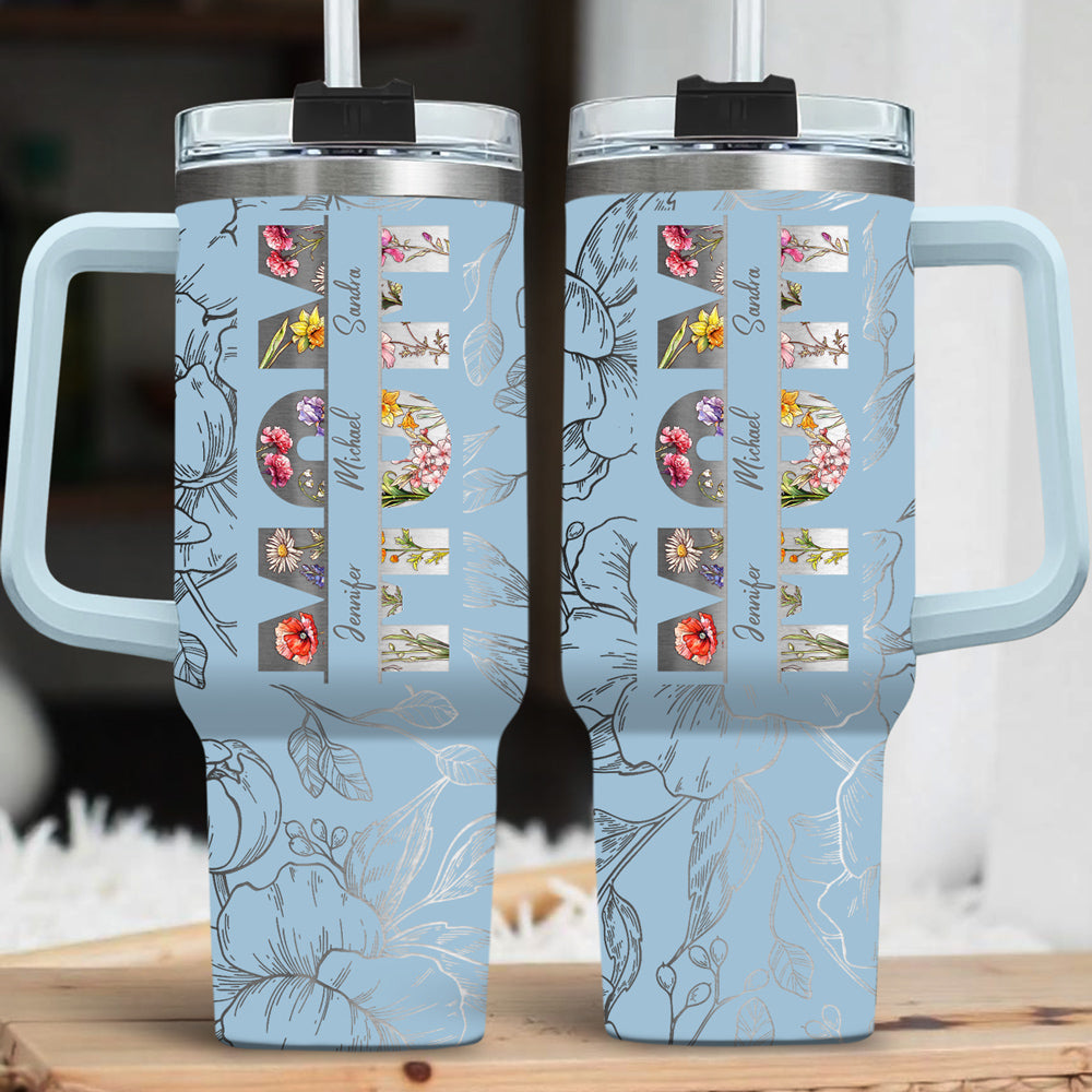 Custom Mother's Day Birthday Gifts For Mom • Floral Mom - Personalized Engraved 40oz Tumbler With Handle