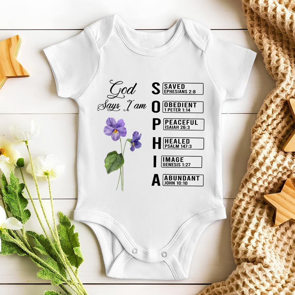 God Says I Am Name Letter In Bible - Personalized Baby Onesie