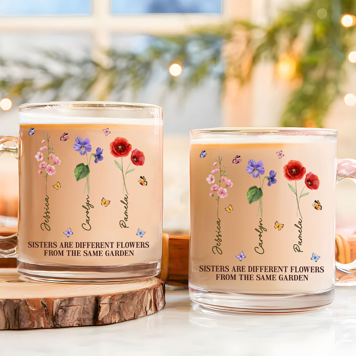 Custom Christmas & Birthday Keepsake Gift • Sisters Are Different Flowers From The Same Garden - Personalized Glass Mug